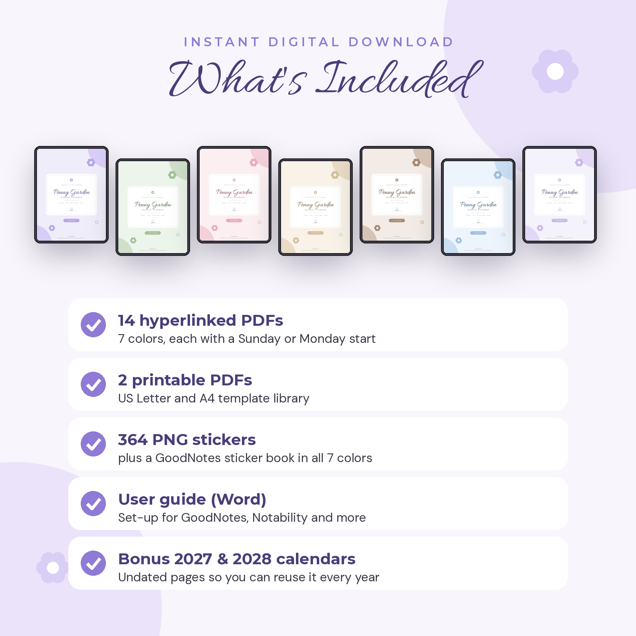 What is included: 14 hyperlinked PDFs in 7 colors, printables, 364 stickers and user guide