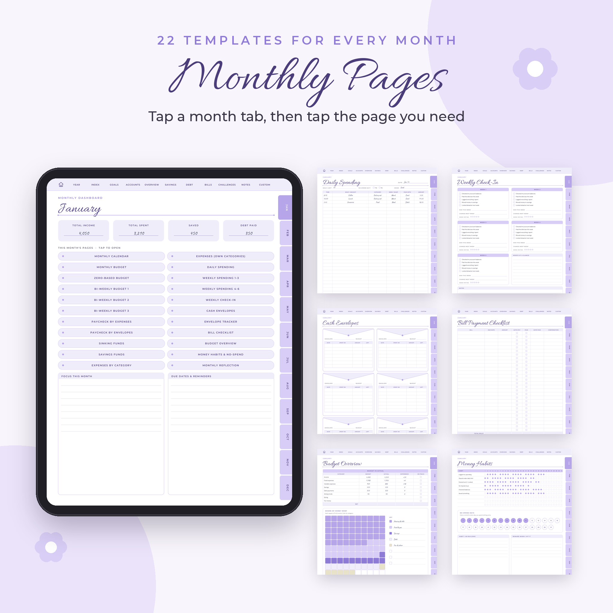 Monthly dashboard with 22 monthly budget templates