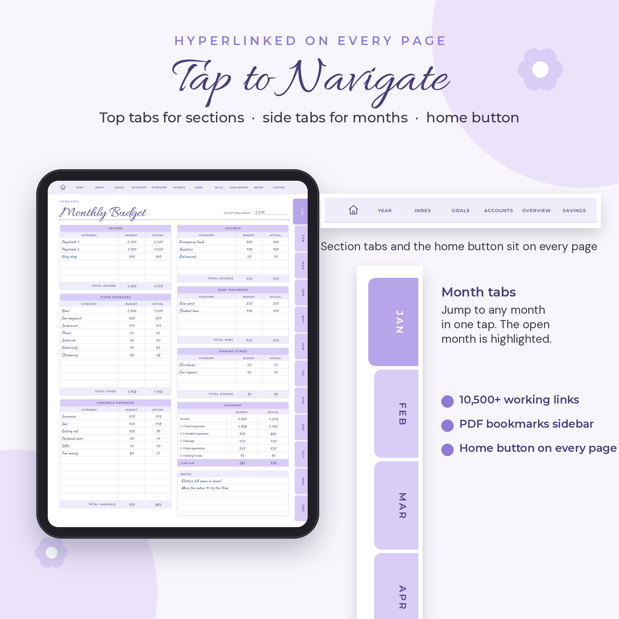 Hyperlinked tabs and month navigation in the GoodNotes budget planner