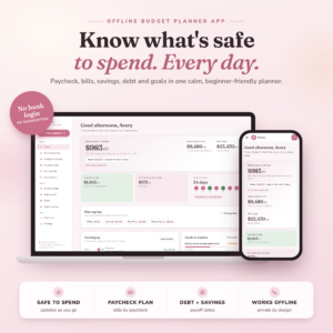 Peony Budget Planner app on a laptop and phone showing the safe to spend dashboard
