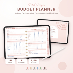 Petal Ledger digital budget planner on a tablet showing the monthly budget page