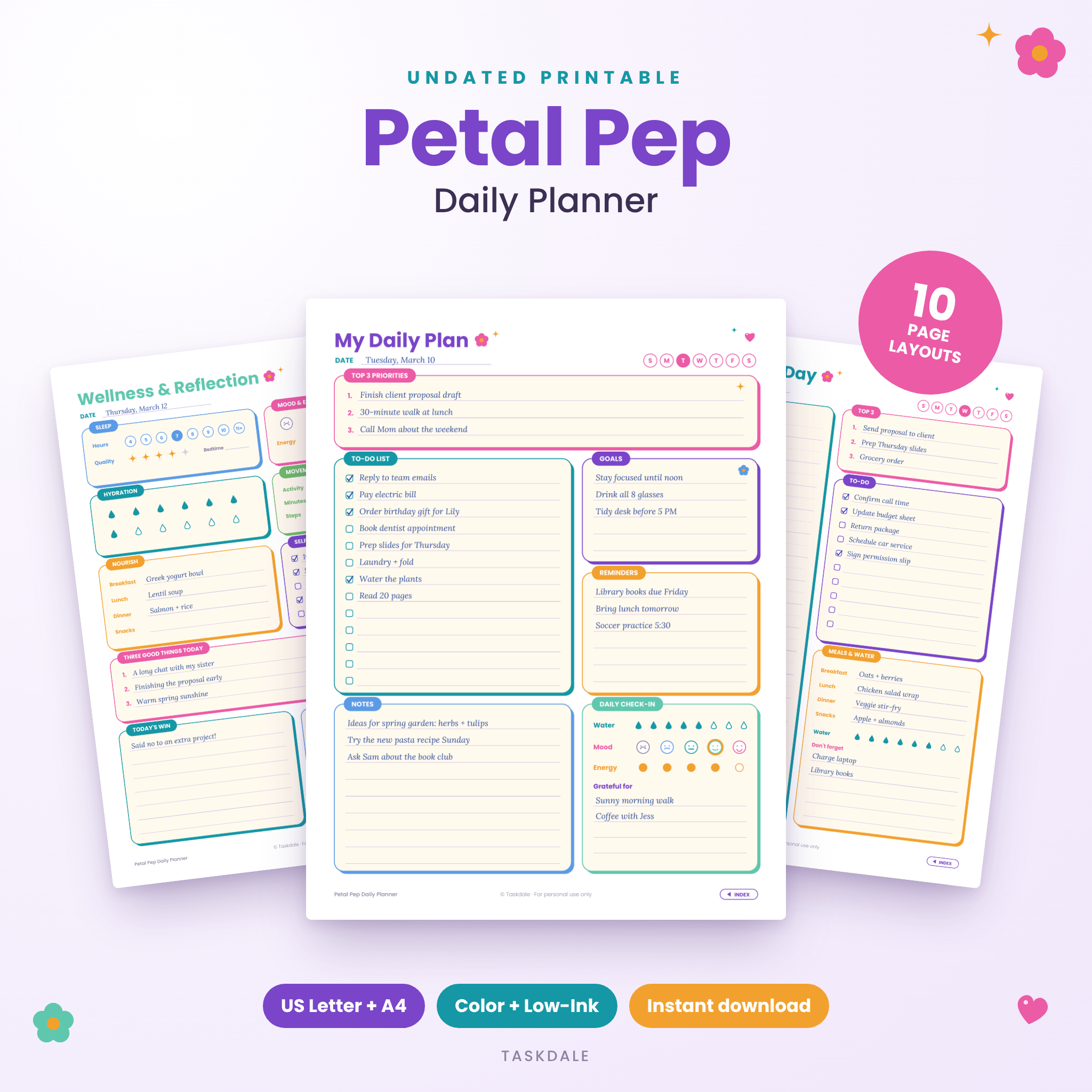 Petal Pep printable daily planner hero with daily, time-blocked and wellness pages