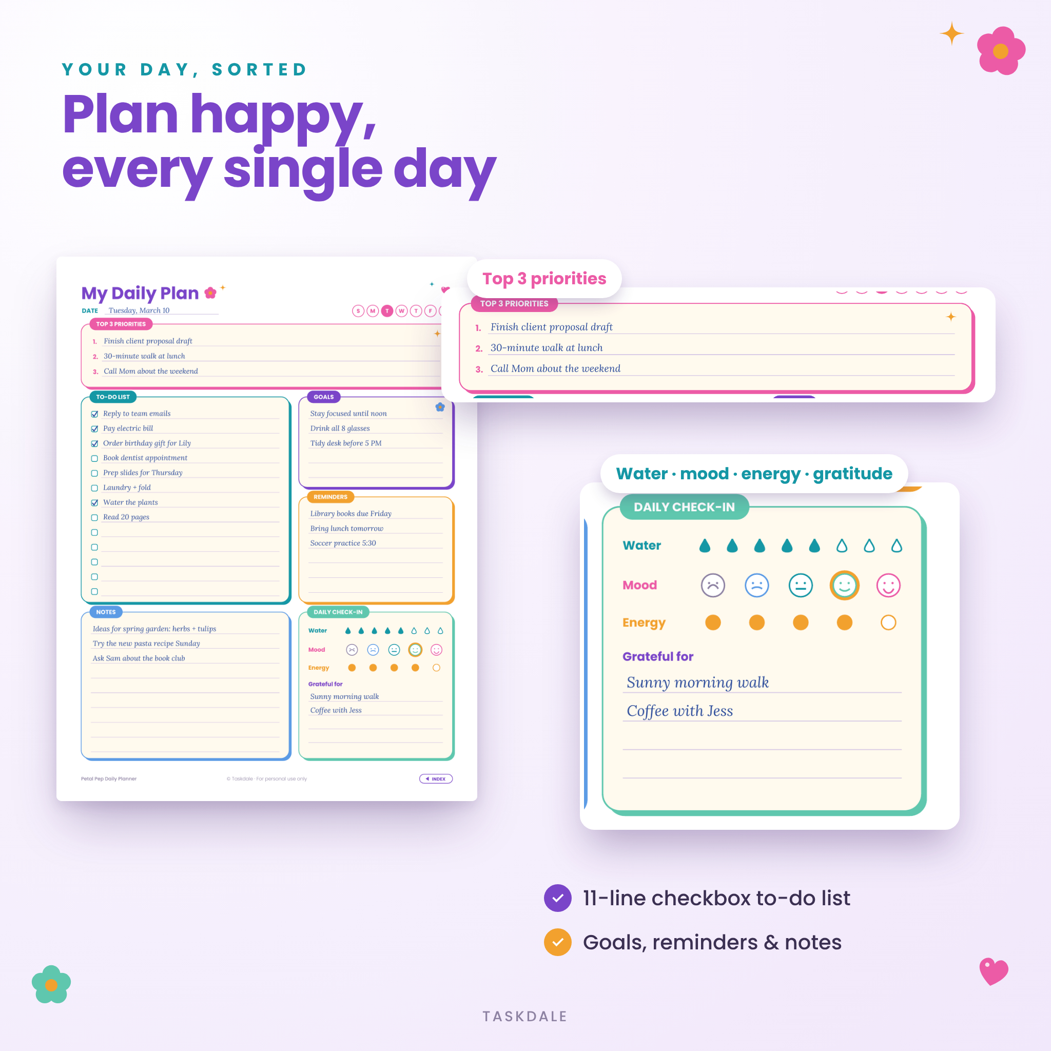 My Daily Plan page with top 3 priorities, to-do list and daily check-in tracker