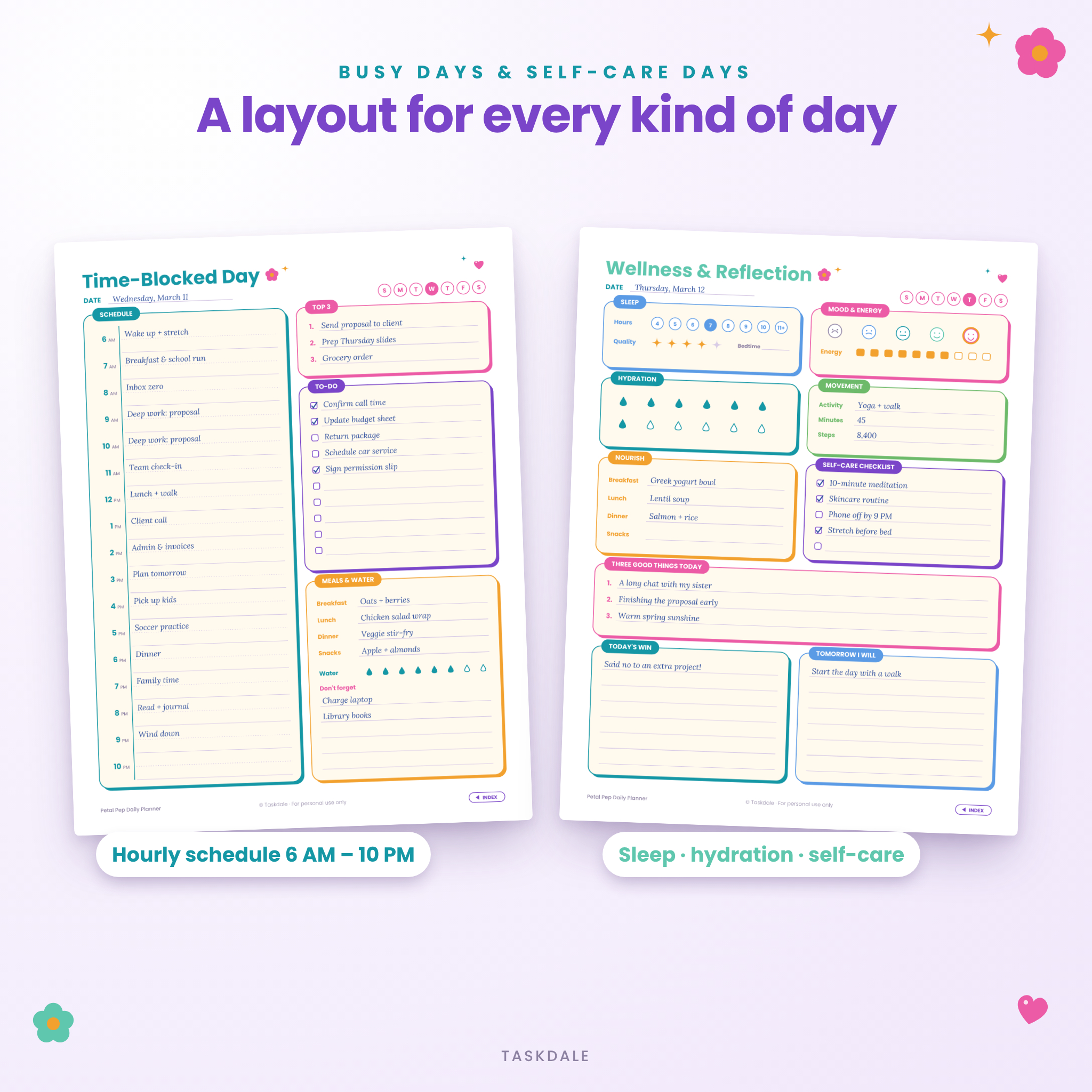 Time-blocked hourly schedule and wellness and reflection planner pages