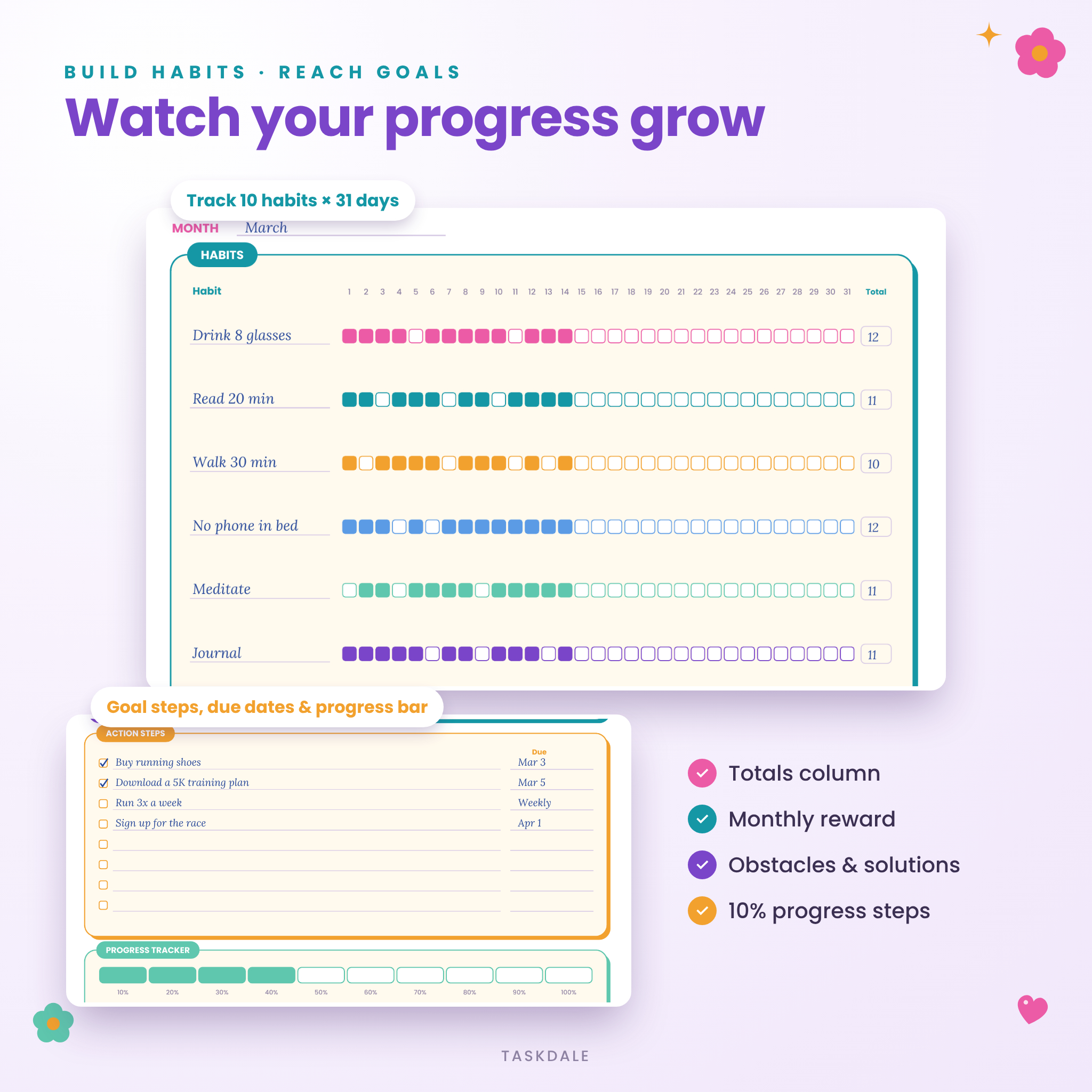 Monthly habit tracker and goal planner with progress bar