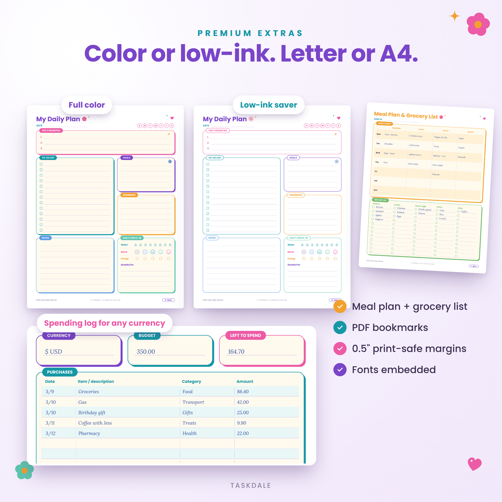 Full color and low-ink planner versions, meal plan and spending log