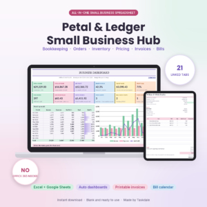 Petal & Ledger Small Business Hub spreadsheet shown on a laptop and tablet with dashboard and invoice