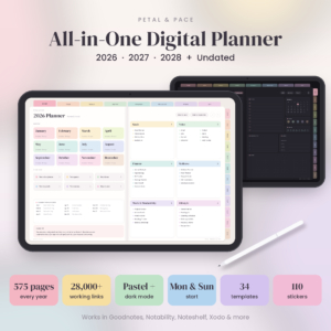 Petal and Pace all-in-one digital planner 2026 2027 2028 on iPad with dark mode