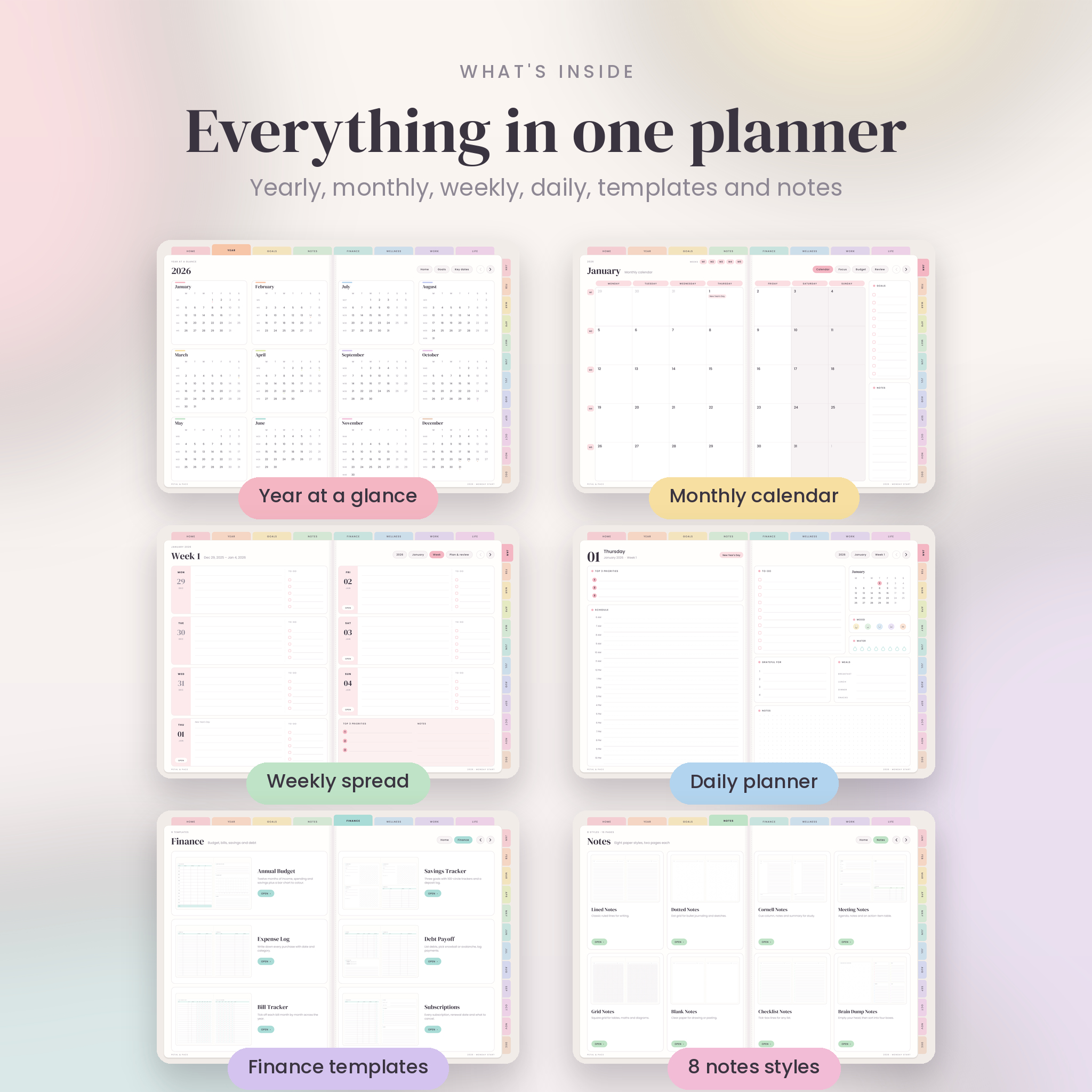 Inside the digital planner: year, monthly, weekly, daily, finance and notes pages