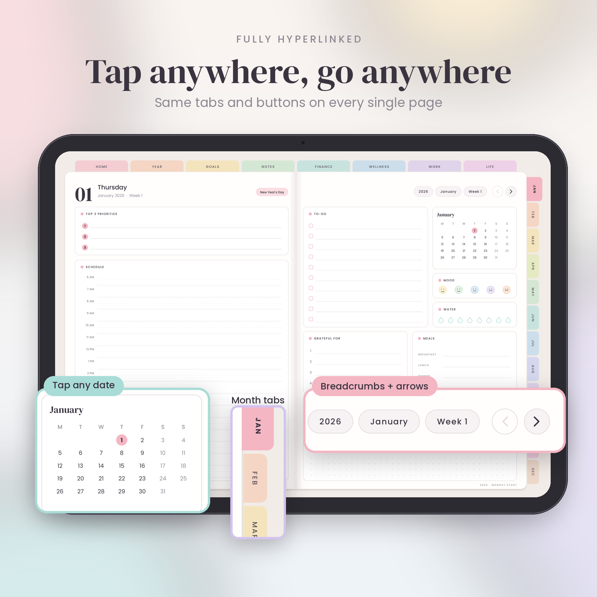 Hyperlinked digital planner daily page with tabs, breadcrumbs and mini calendar