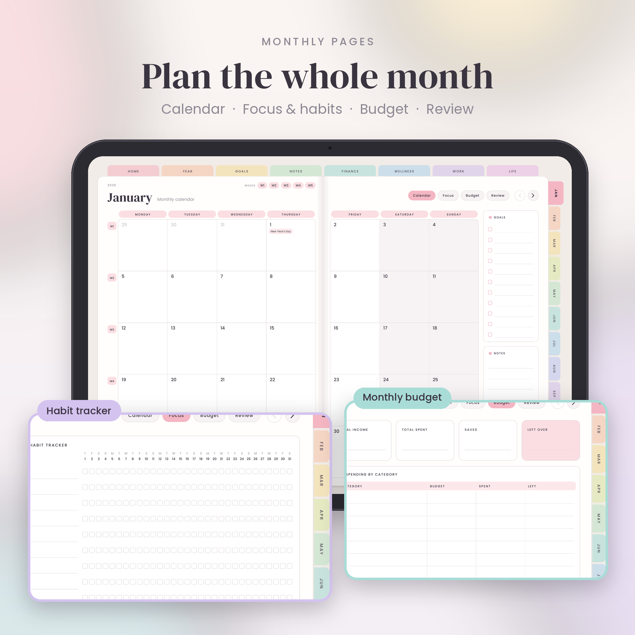Monthly planner calendar with habit tracker and budget page