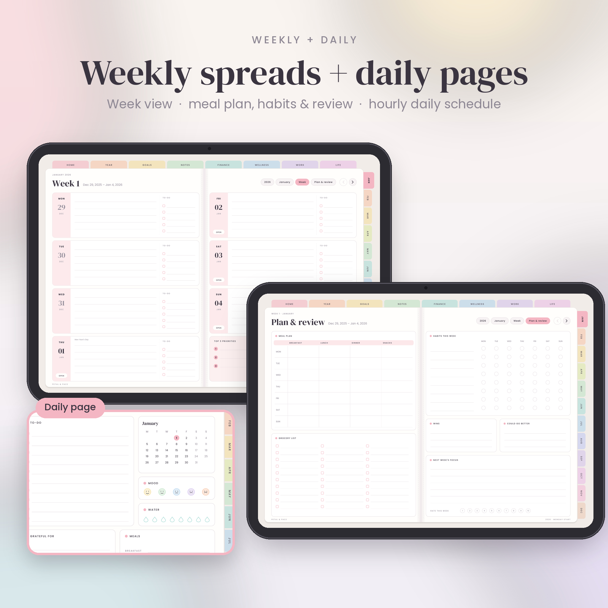 Weekly planner spread and plan and review page with daily page