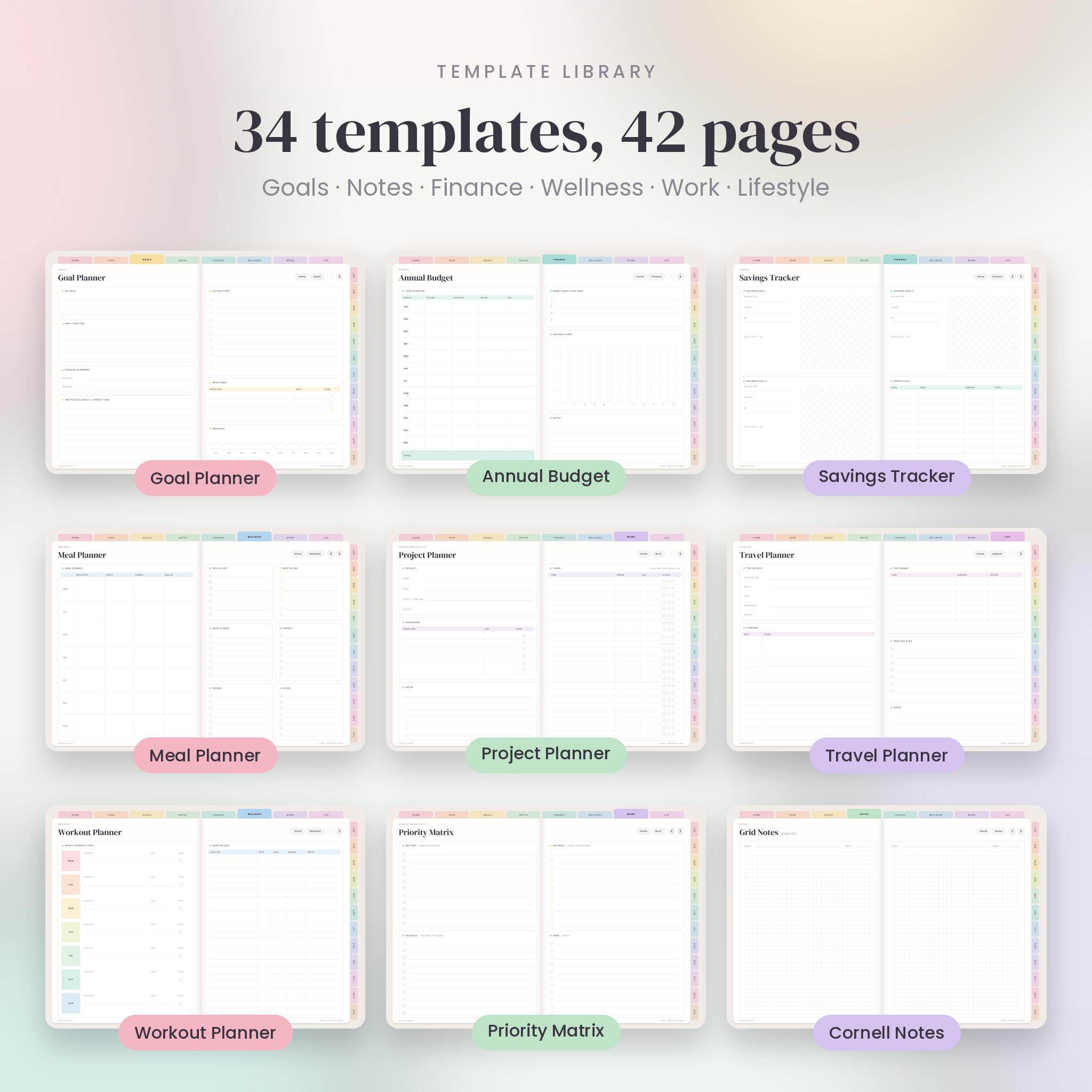 Digital planner template library with budget, meal, travel and project templates