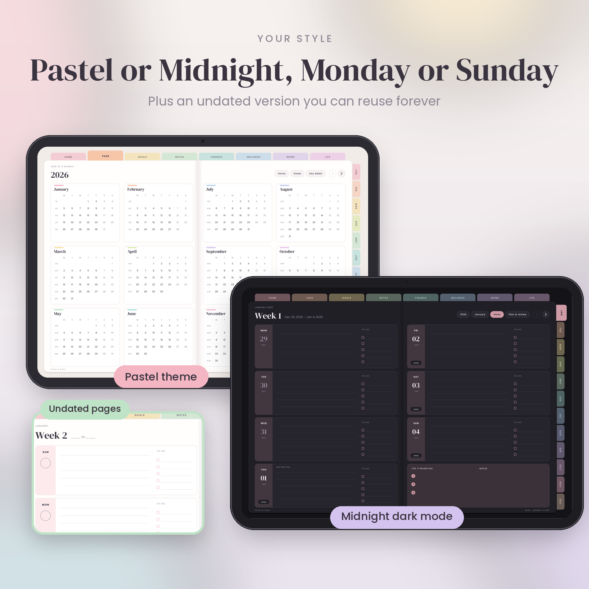 Pastel and Midnight dark mode digital planner themes plus undated version