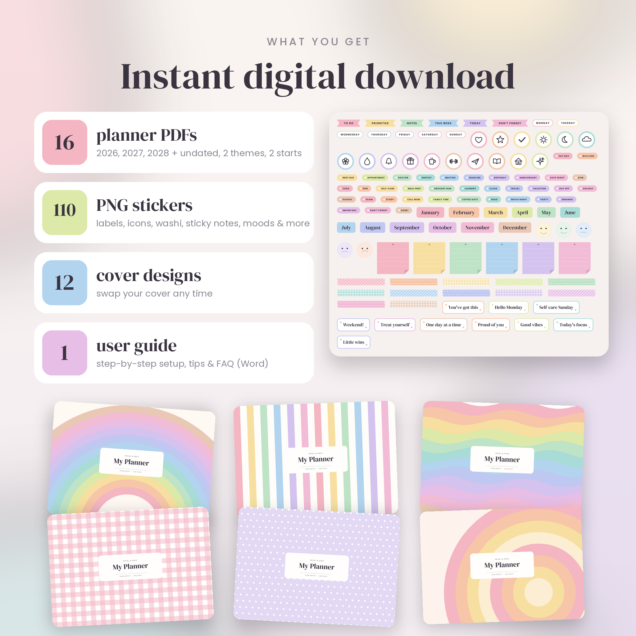 What is included: 16 planner PDFs, 110 stickers, 12 covers and user guide