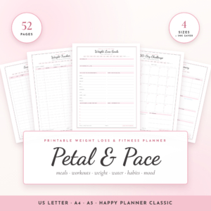 Petal & Pace printable weight loss and fitness planner, 52 pages