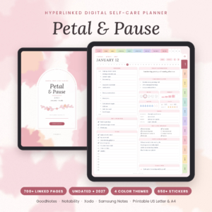 Petal & Pause digital self-care planner on two tablets showing the cover and a filled daily page