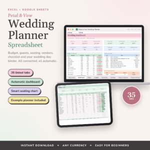 Petal and Vow wedding planner spreadsheet on laptop and tablet