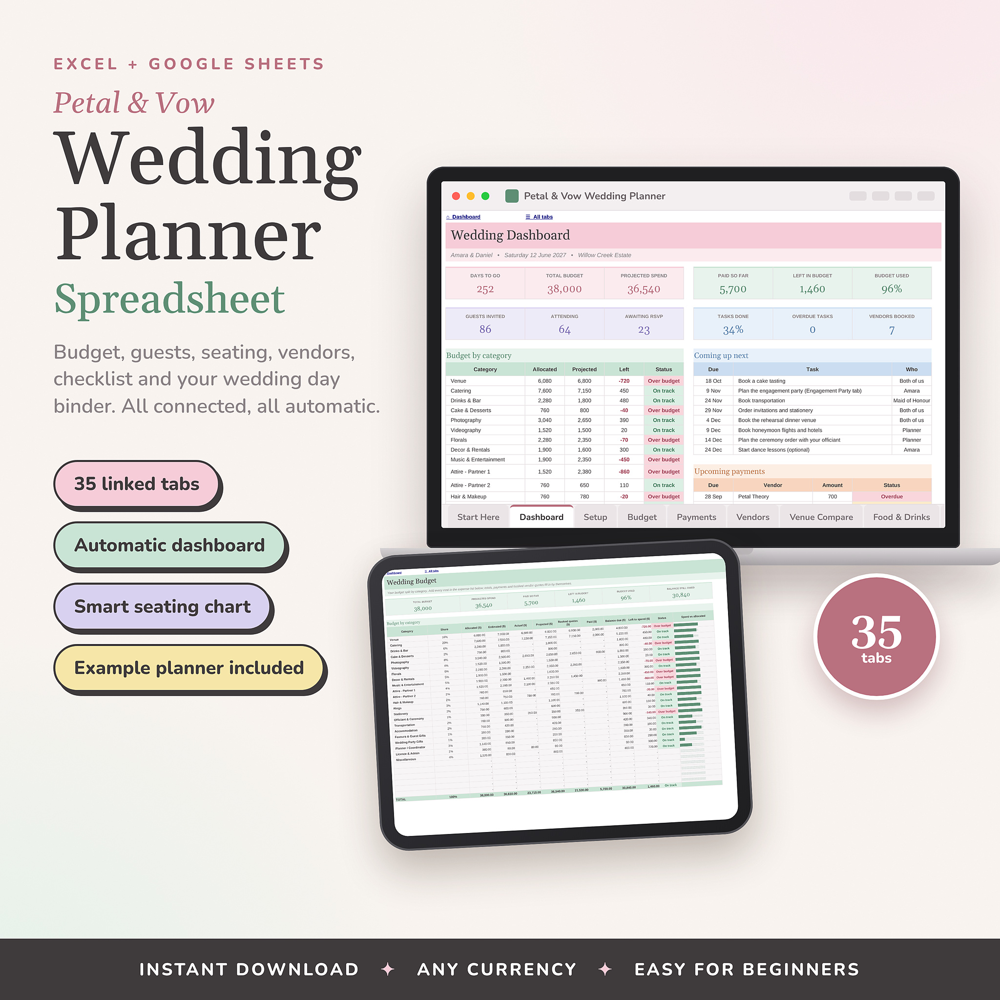 Petal and Vow wedding planner spreadsheet on laptop and tablet