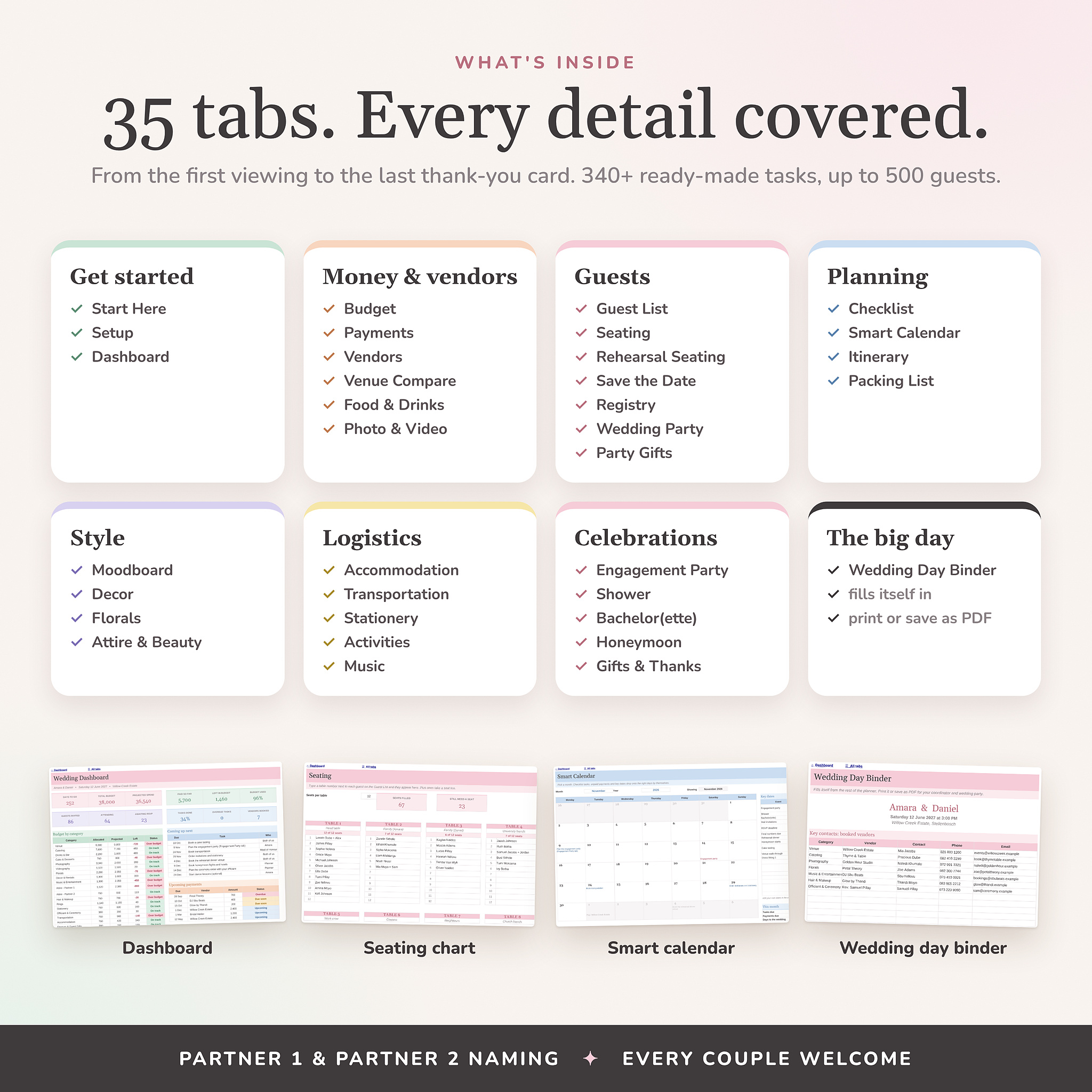 All 35 tabs in the wedding planner spreadsheet