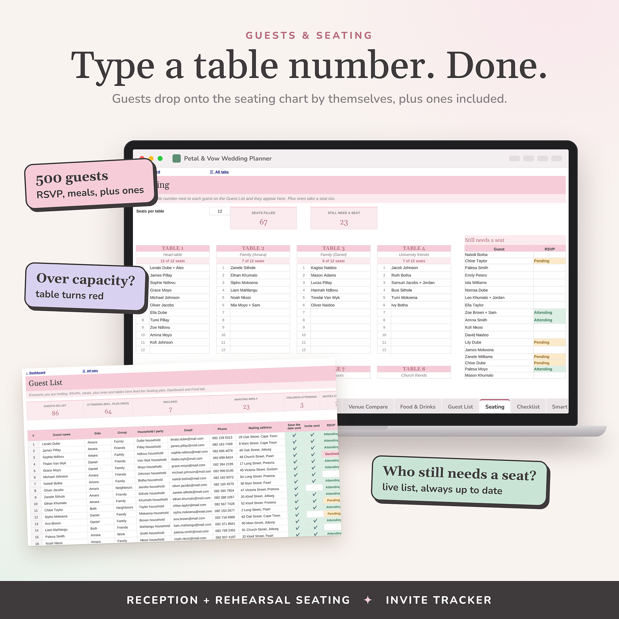 Wedding guest list and automatic seating chart