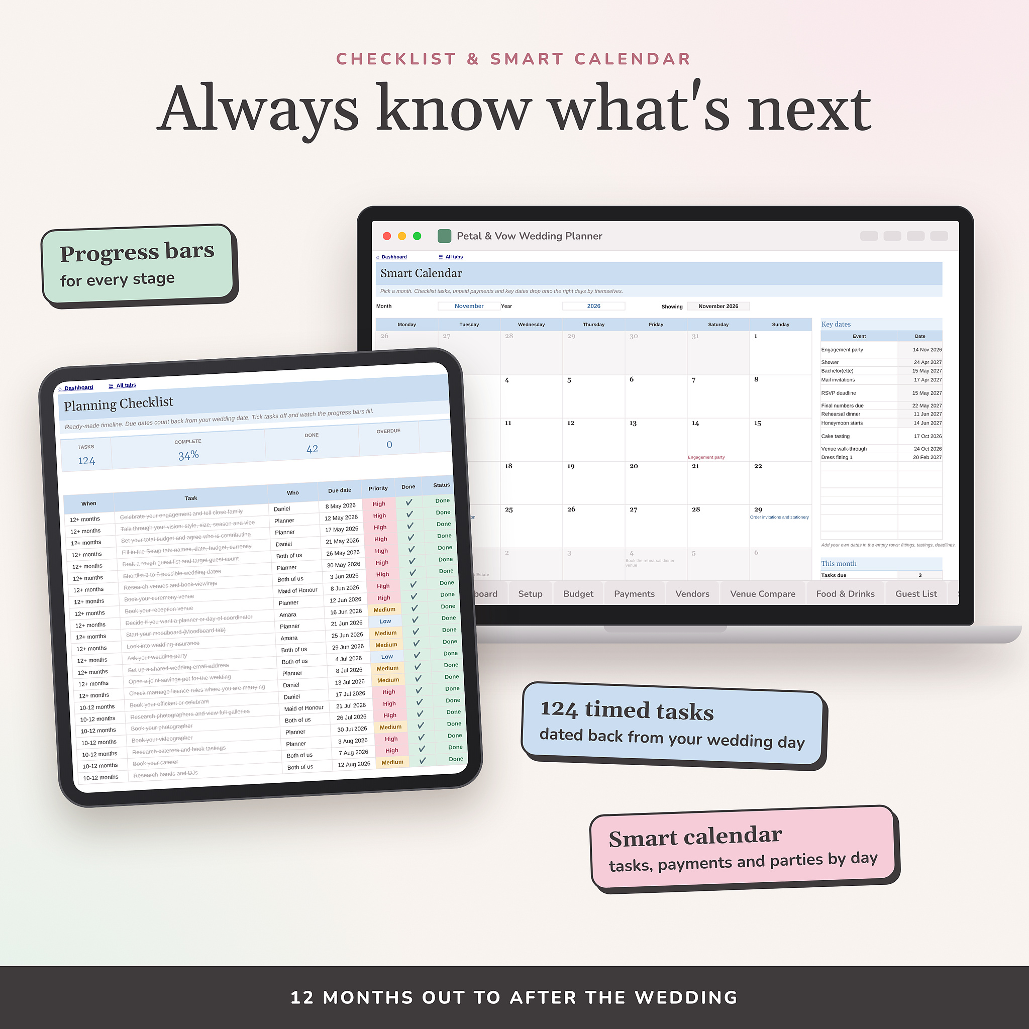 Wedding checklist and smart calendar