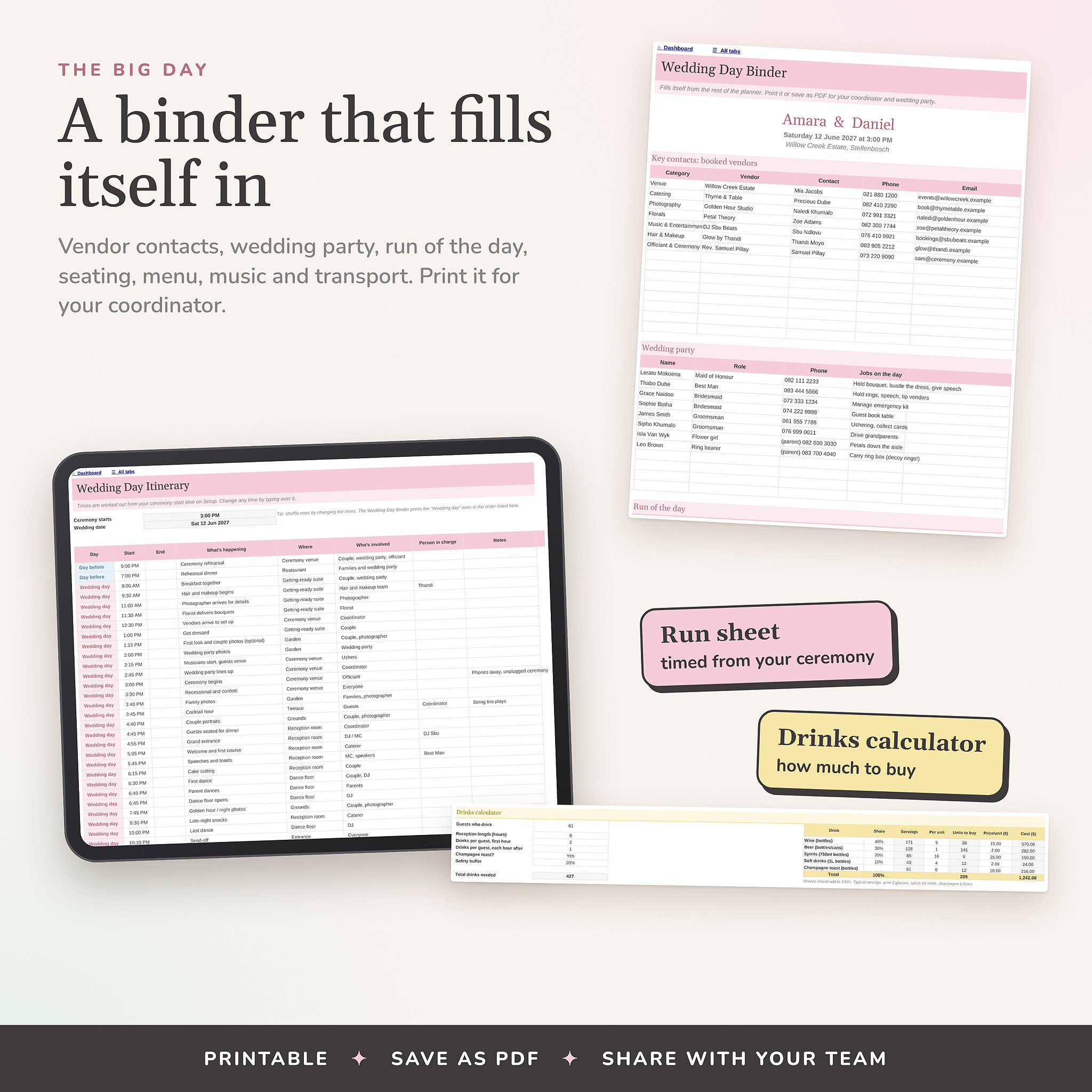 Printable wedding day binder, itinerary and drinks calculator