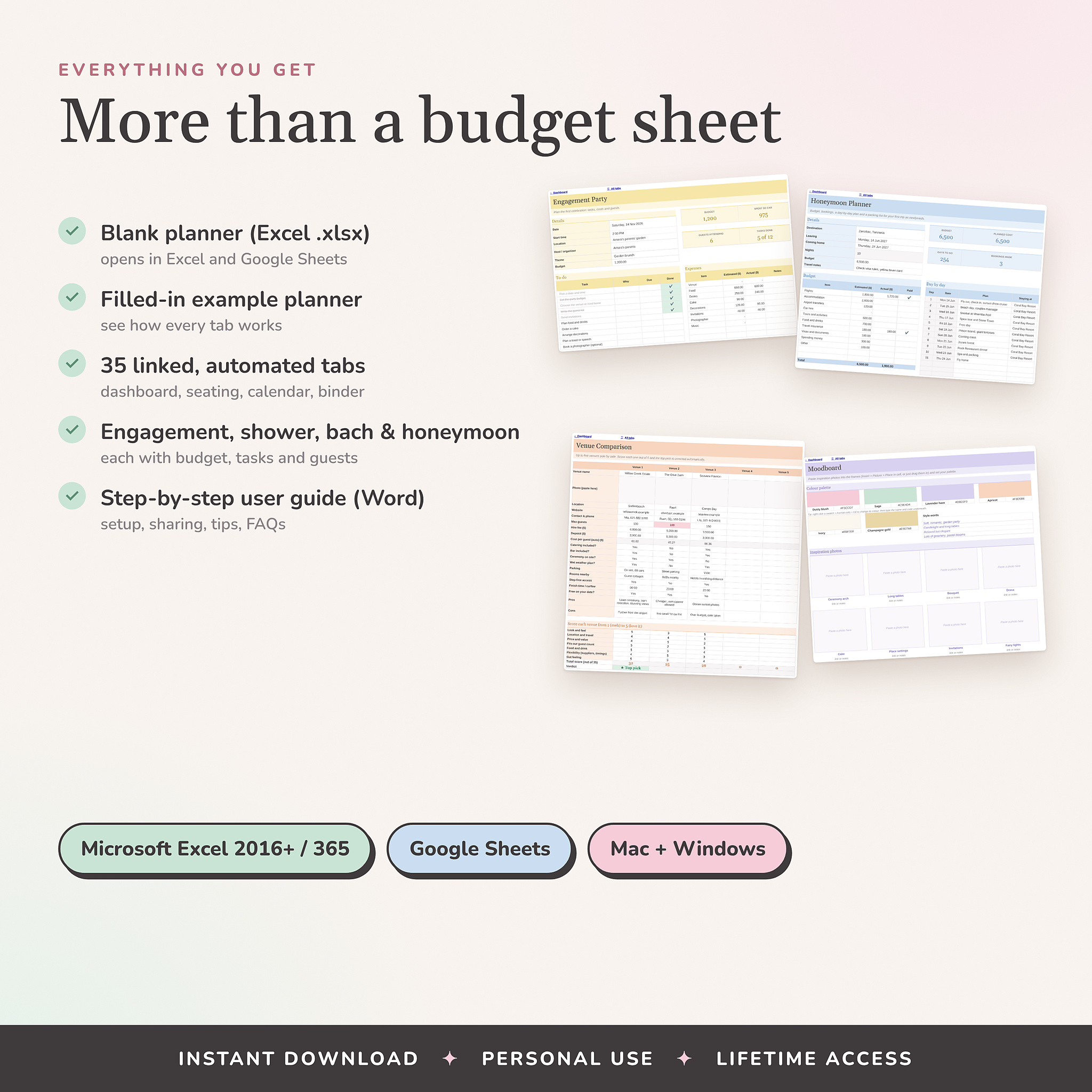 Everything included: Excel and Google Sheets wedding planner