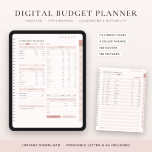 Petalwise digital budget planner on iPad with monthly budget and expense pages