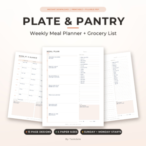 Plate & Pantry Weekly Meal Planner and Grocery List Printable, Fillable PDF, 7 Day Menu Plan, US Letter, A4, A5, Half Letter