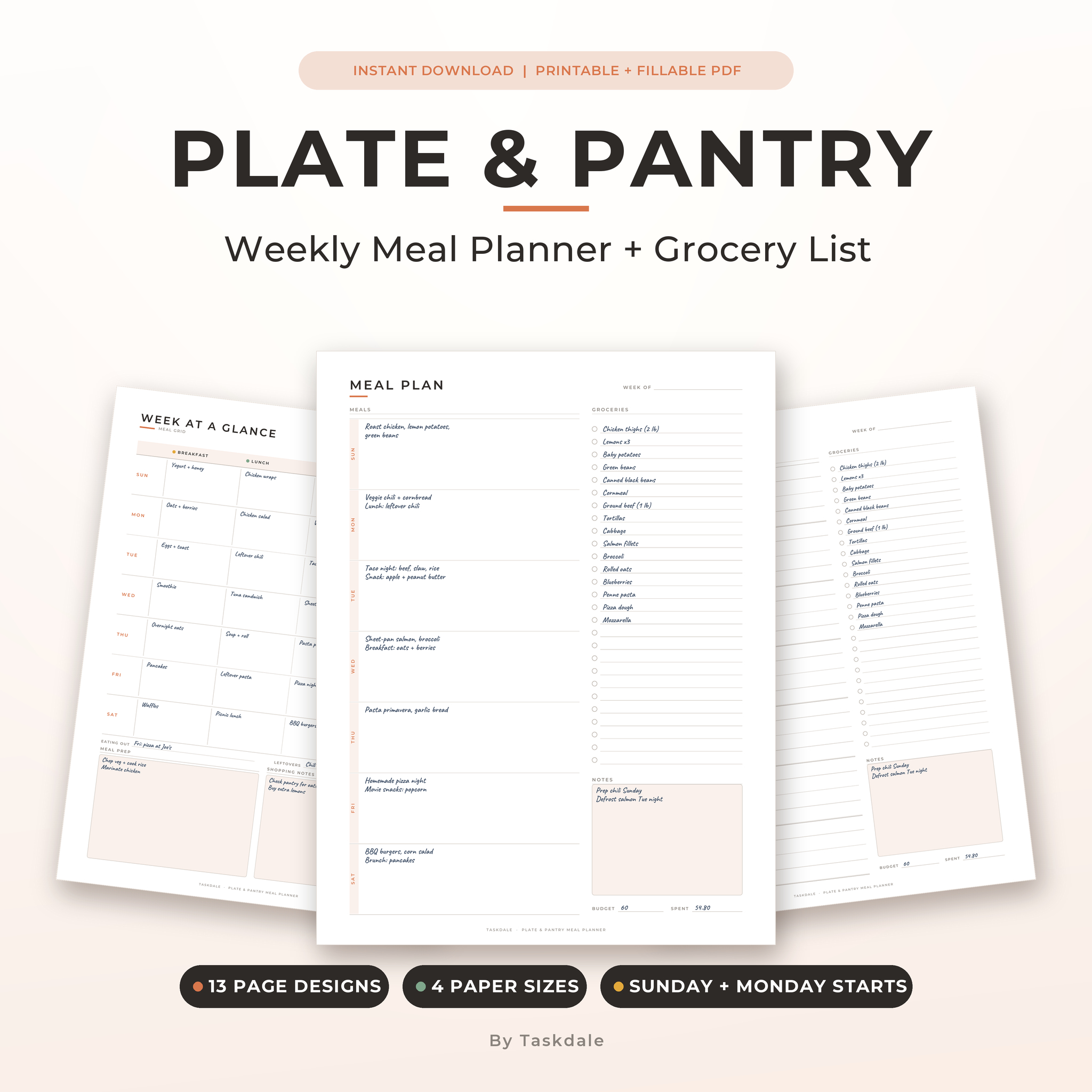 Plate & Pantry Weekly Meal Planner and Grocery List Printable, Fillable PDF, 7 Day Menu Plan, US Letter, A4, A5, Half Letter