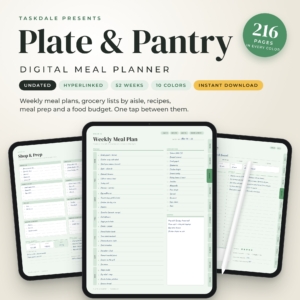 Plate and Pantry digital meal planner on a tablet with weekly meal plan and grocery list