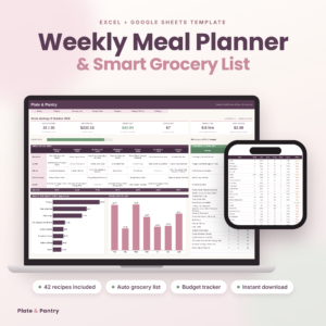 Plate & Pantry weekly meal planner and smart grocery list spreadsheet shown on a laptop and phone