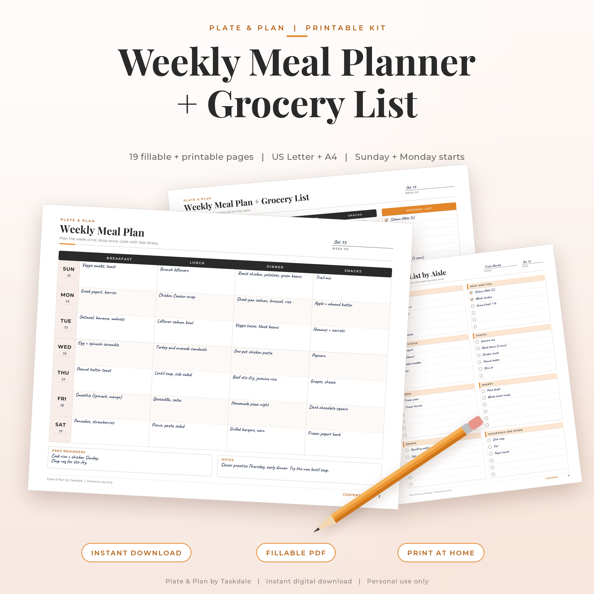 Plate & Plan weekly meal planner printable with grocery list, fillable PDF, shown with a pencil