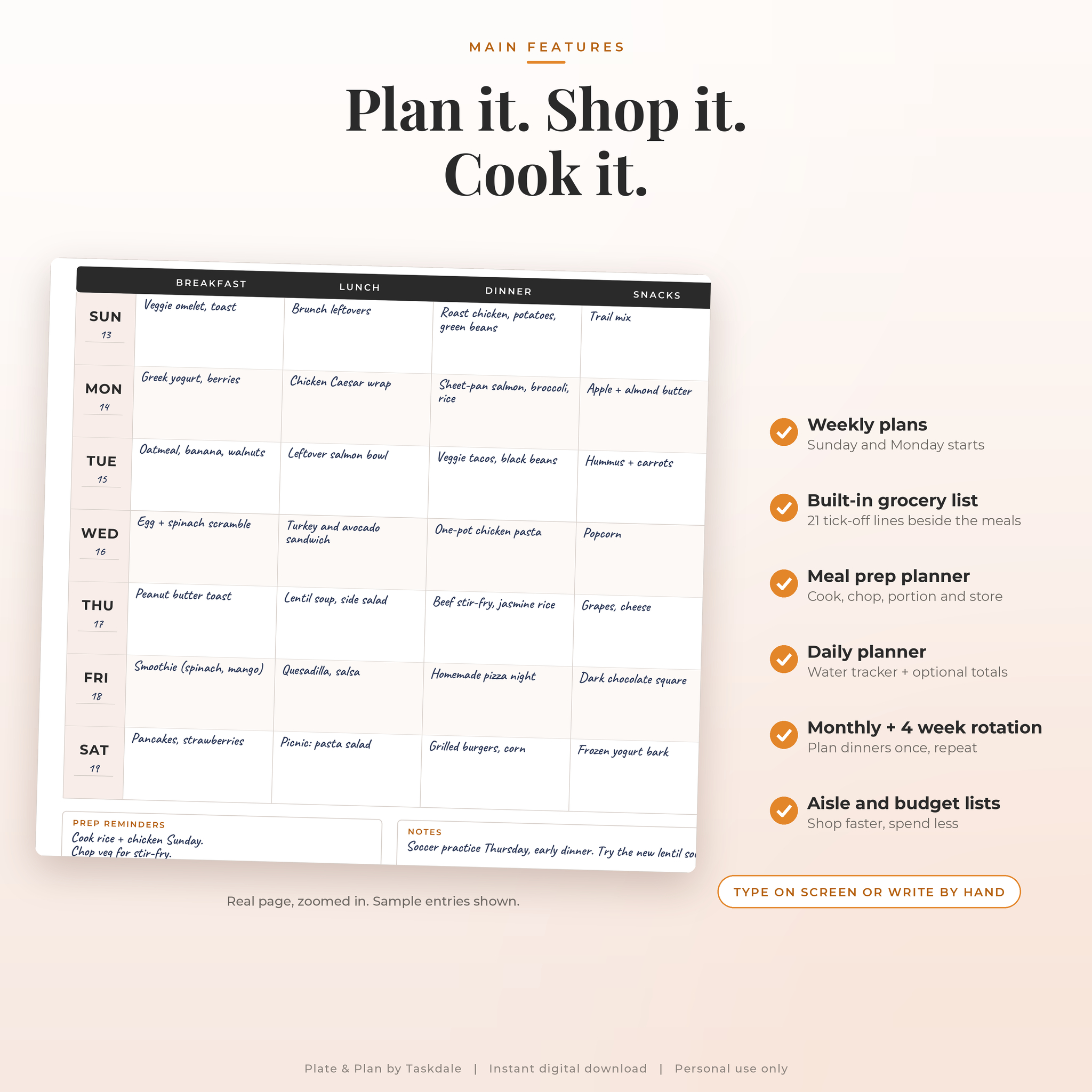 Weekly meal plan page zoomed in showing a breakfast, lunch, dinner and snacks grid