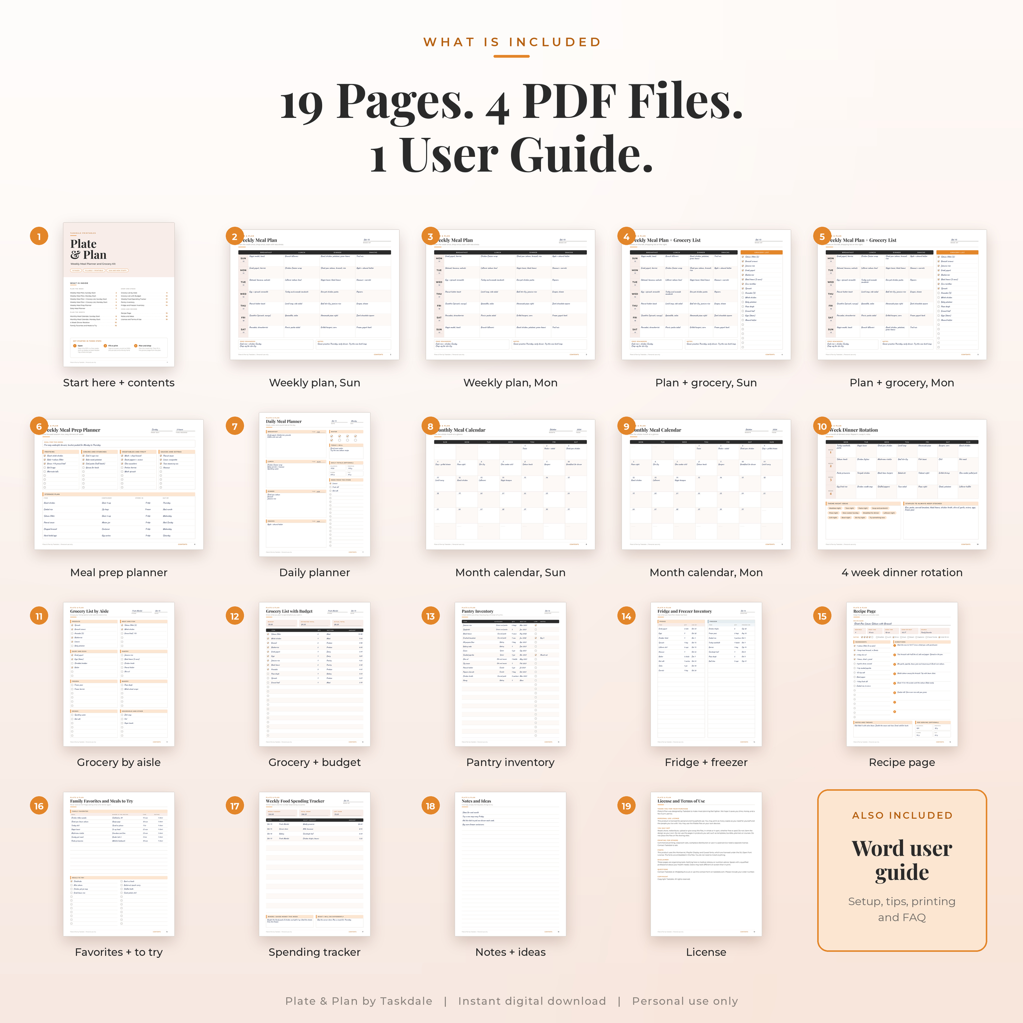 All 19 pages included in the Plate & Plan meal planner kit plus a Word user guide