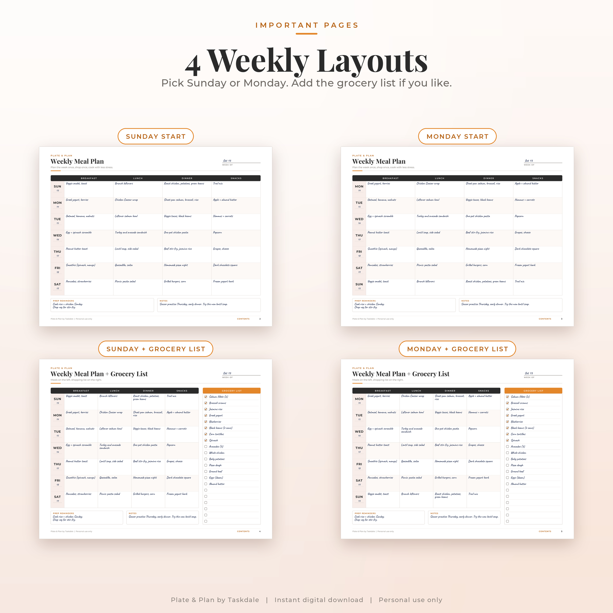Four weekly meal planner layouts: Sunday start, Monday start, with and without grocery list