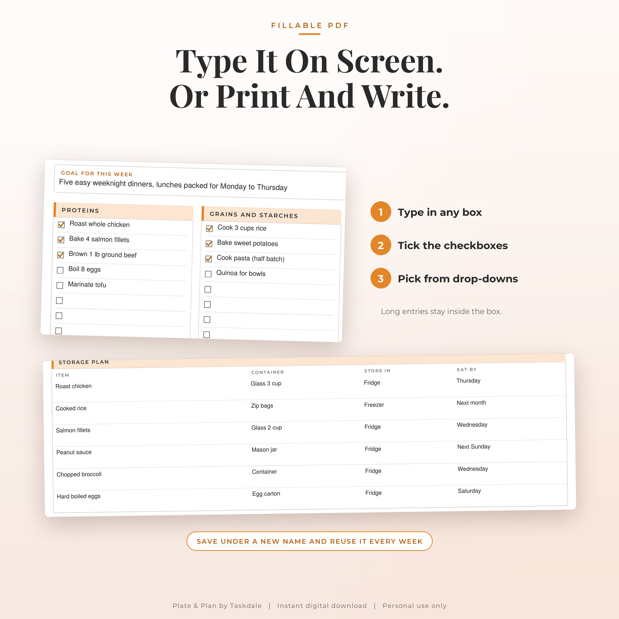 Fillable PDF meal prep planner with typed entries, checkboxes and drop-down menus