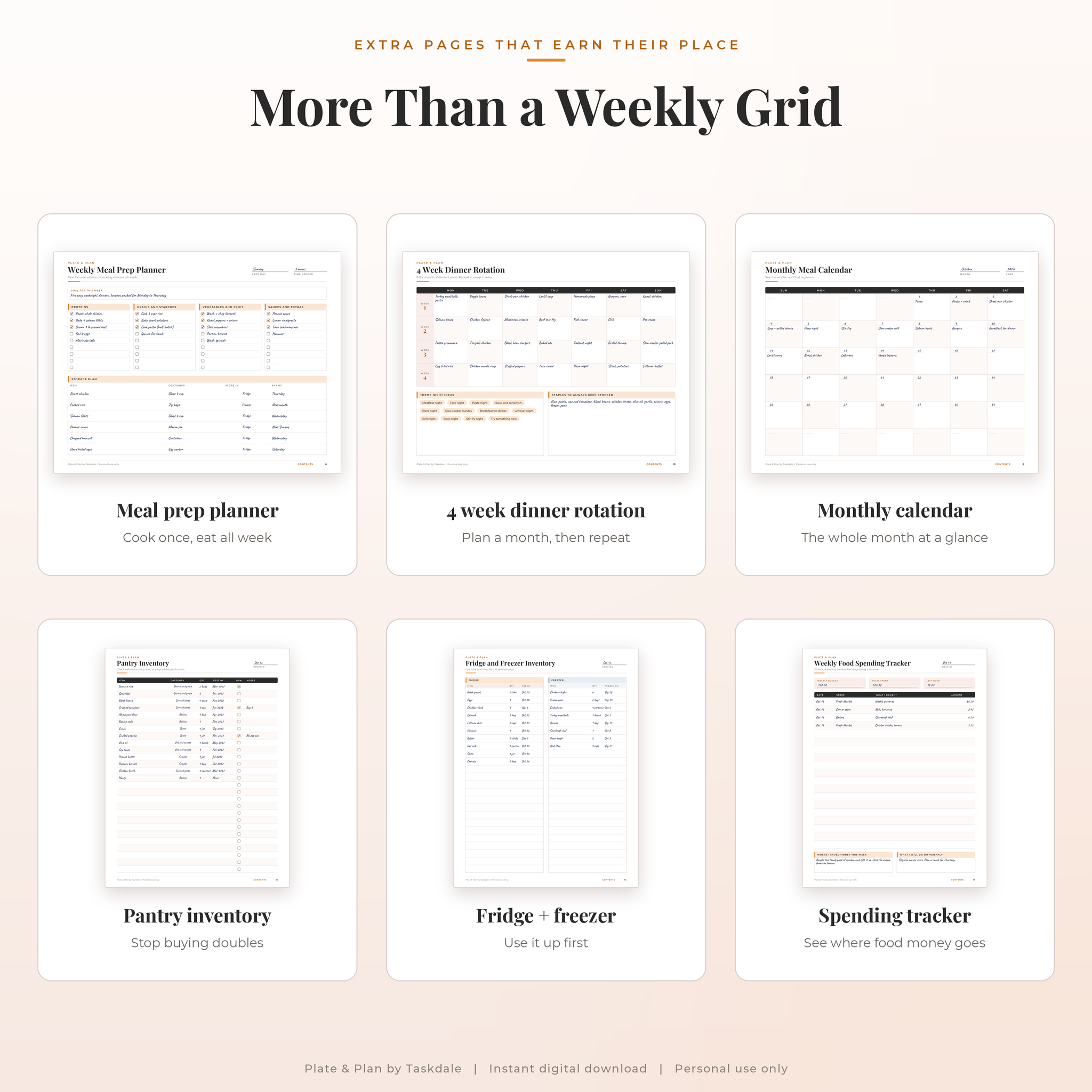 Extra pages: meal prep planner, dinner rotation, monthly calendar, pantry, fridge and spending tracker