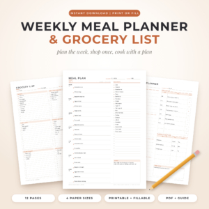 Plate and Plan weekly meal planner bundle with grocery list by aisle, weekly meal plan and meal prep planner pages