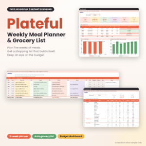 Plateful weekly meal planner spreadsheet overview with grocery list and budget