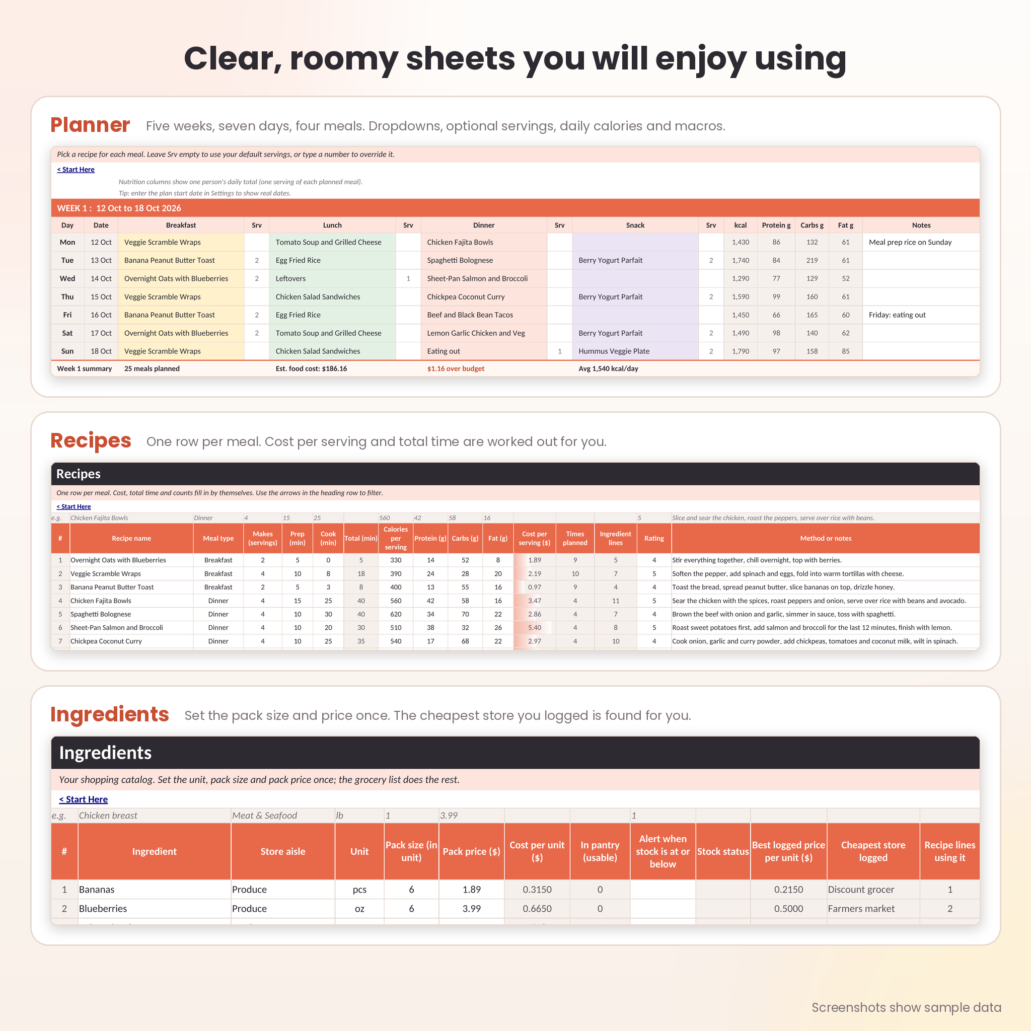 Recipe book with ingredients, servings and cost per serving
