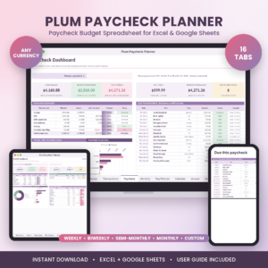 Plum Paycheck Planner paycheck budget spreadsheet on laptop, tablet and phone