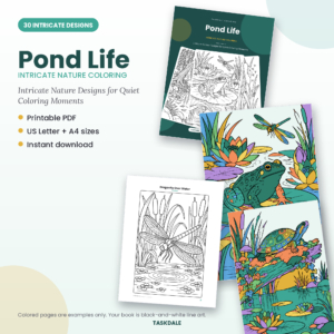 Pond Life printable intricate coloring book with 30 detailed designs