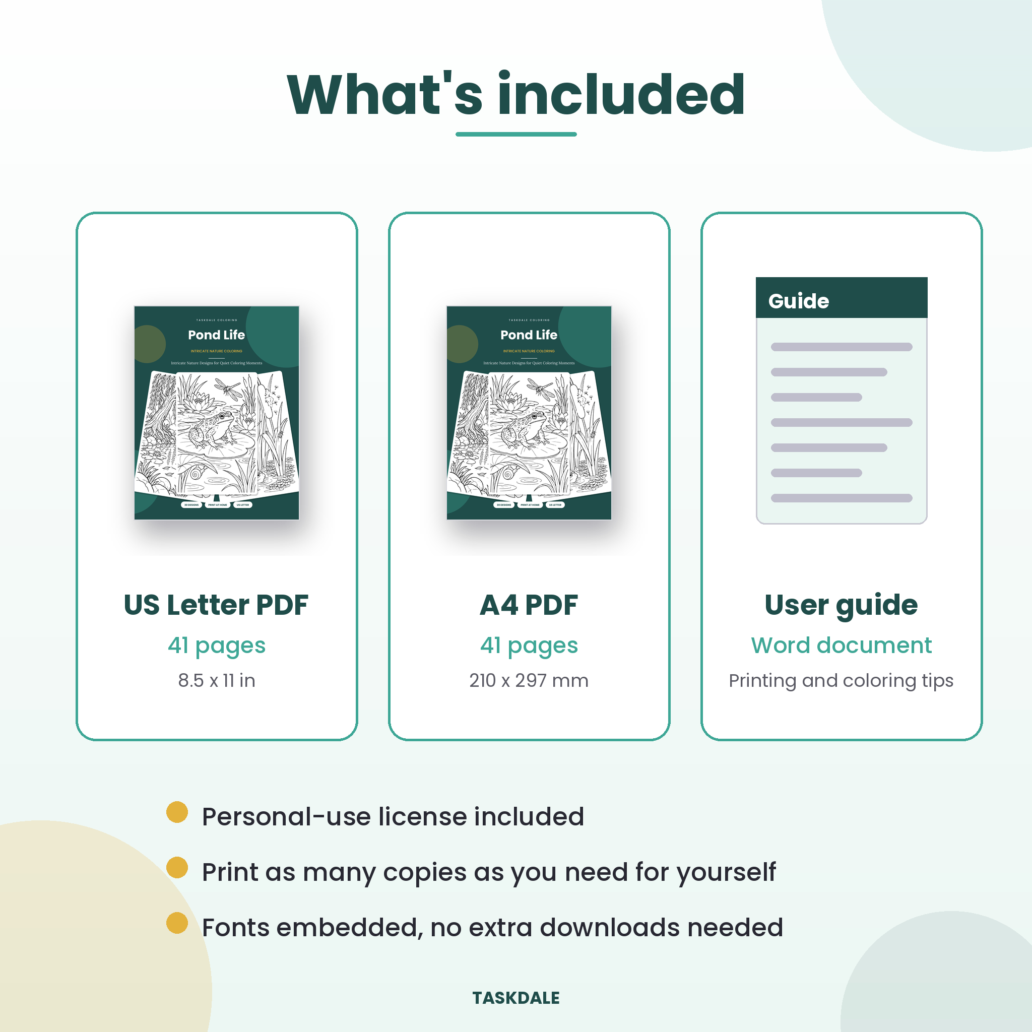 Pond Life coloring book included files: US Letter PDF, A4 PDF and user guide
