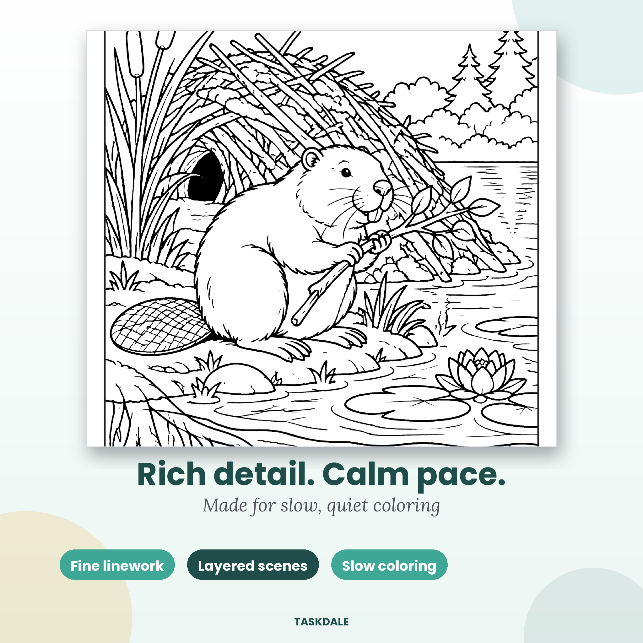 Pond Life coloring book features: color test page and palette planner