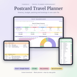 Postcard Travel Planner spreadsheet for Excel and Google Sheets shown on laptop, tablet and phone