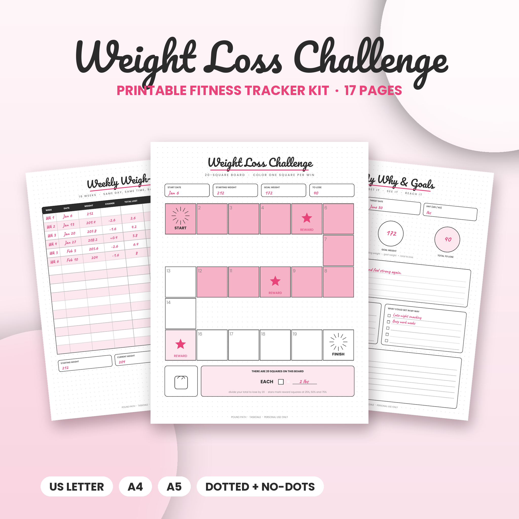 Pound Path printable weight loss challenge kit with challenge board, weigh-in log and goals page