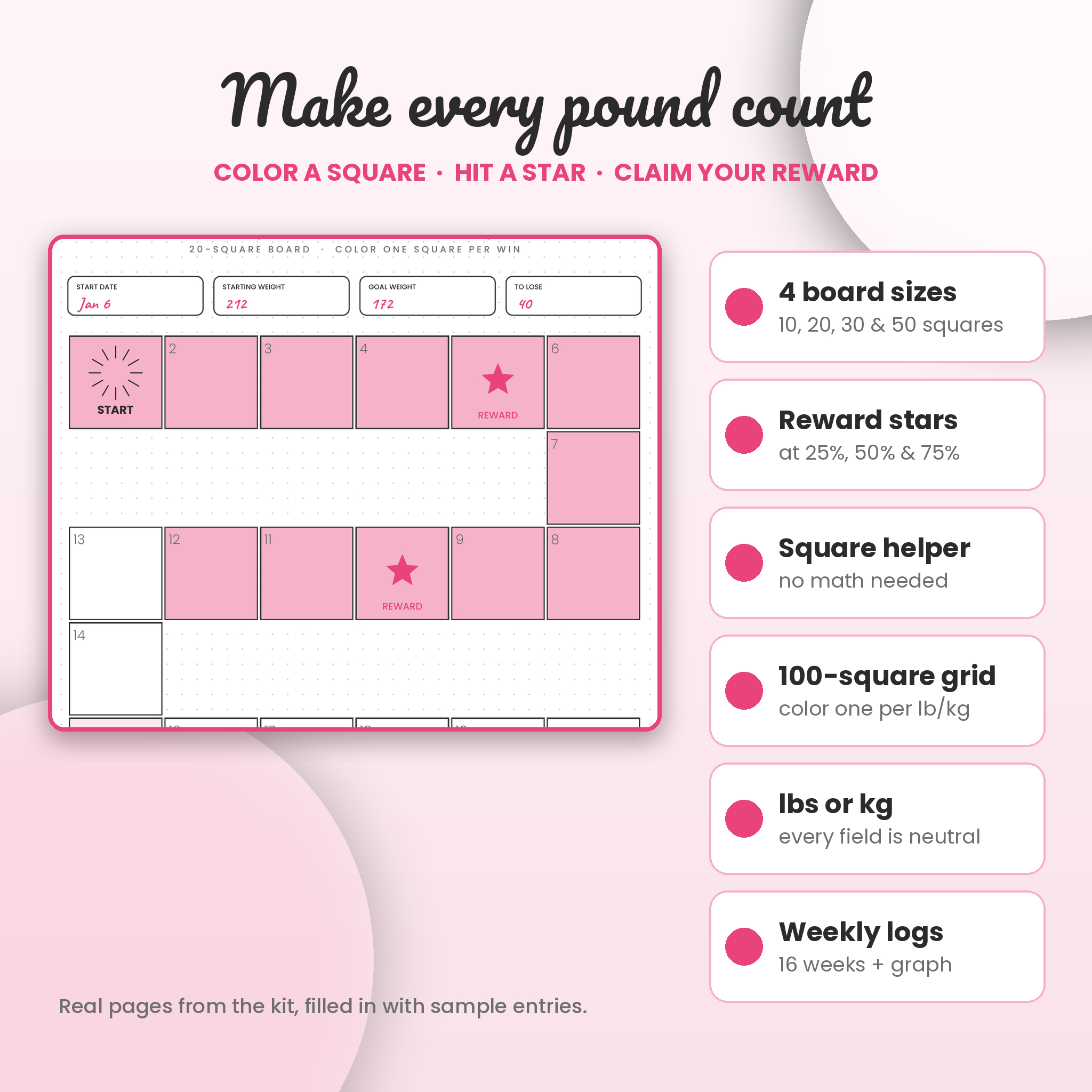 Weight loss challenge board with reward stars and square value helper