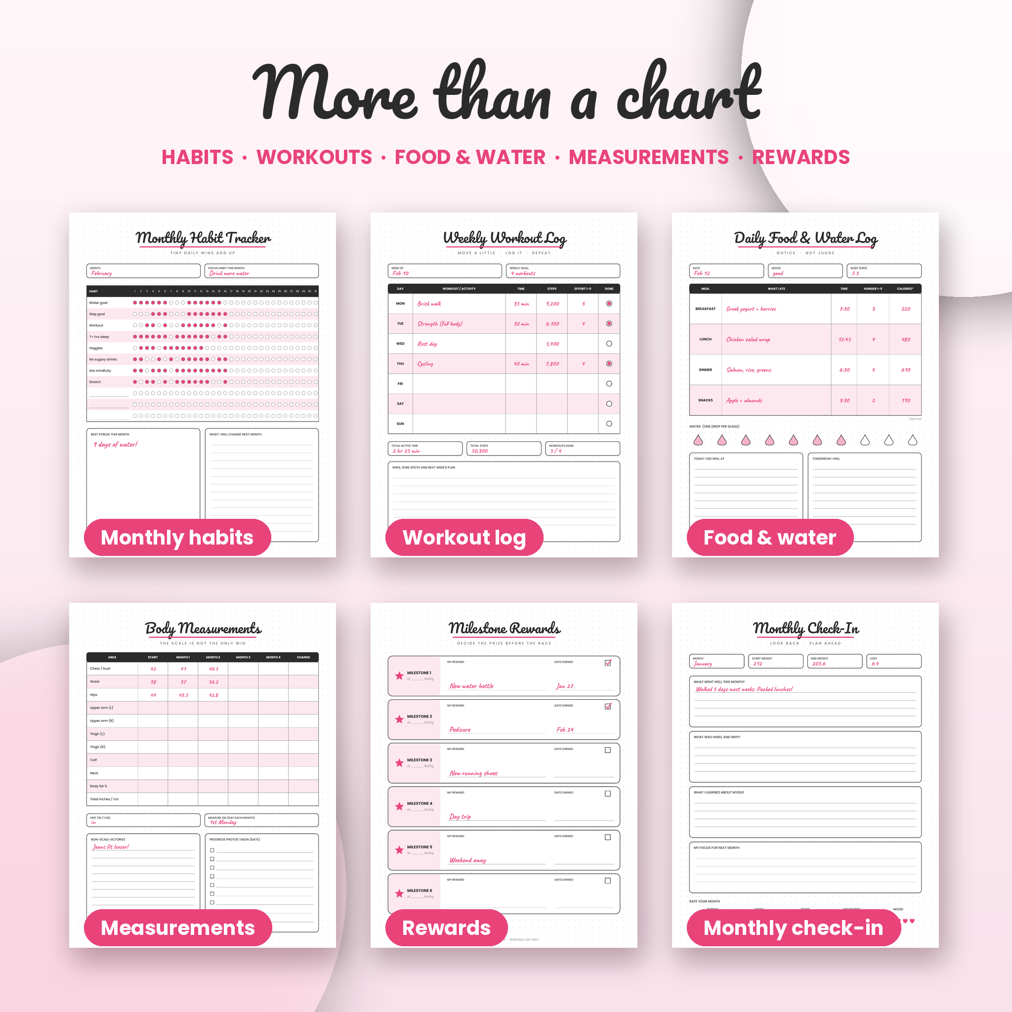 Habit tracker, workout log, food and water log, measurements, rewards and monthly check-in pages